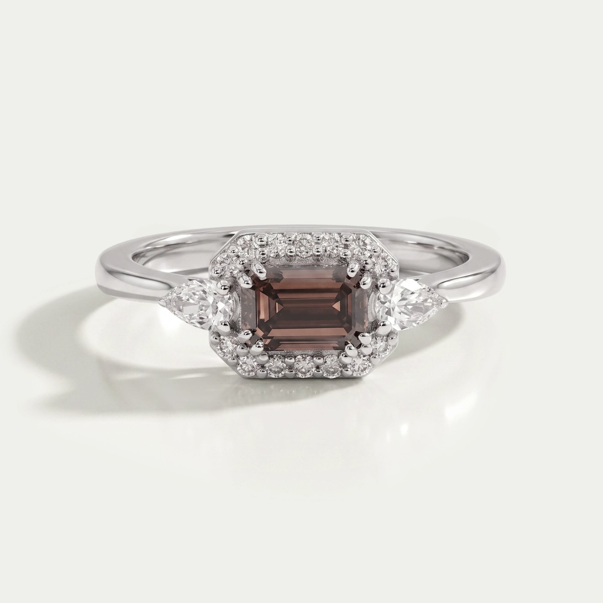 Champagne Emerald Shape Three Stone Engagement Ring Rings