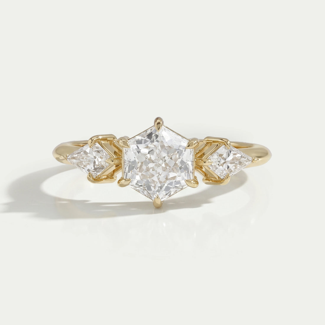 Three Stone Hexagon Cut Diamond Engagement Ring