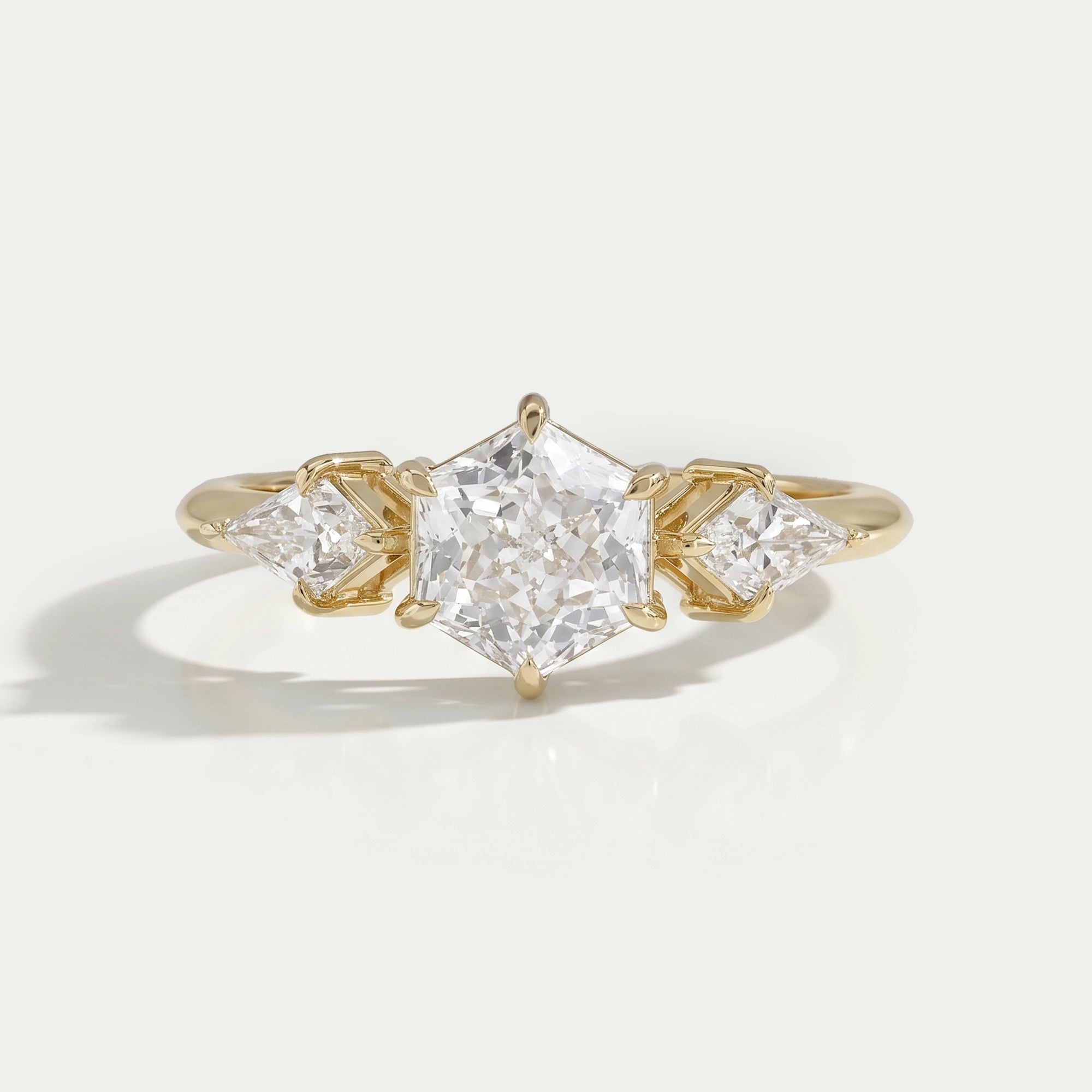 Three Stone Hexagon Cut Diamond Engagement Ring