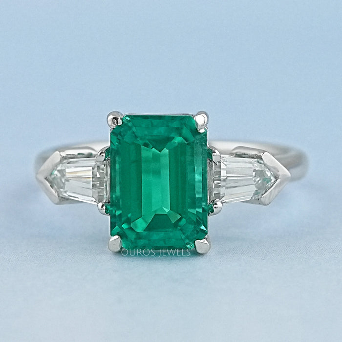 Three Stone Emerald And Bullet Cut Diamond Ring 