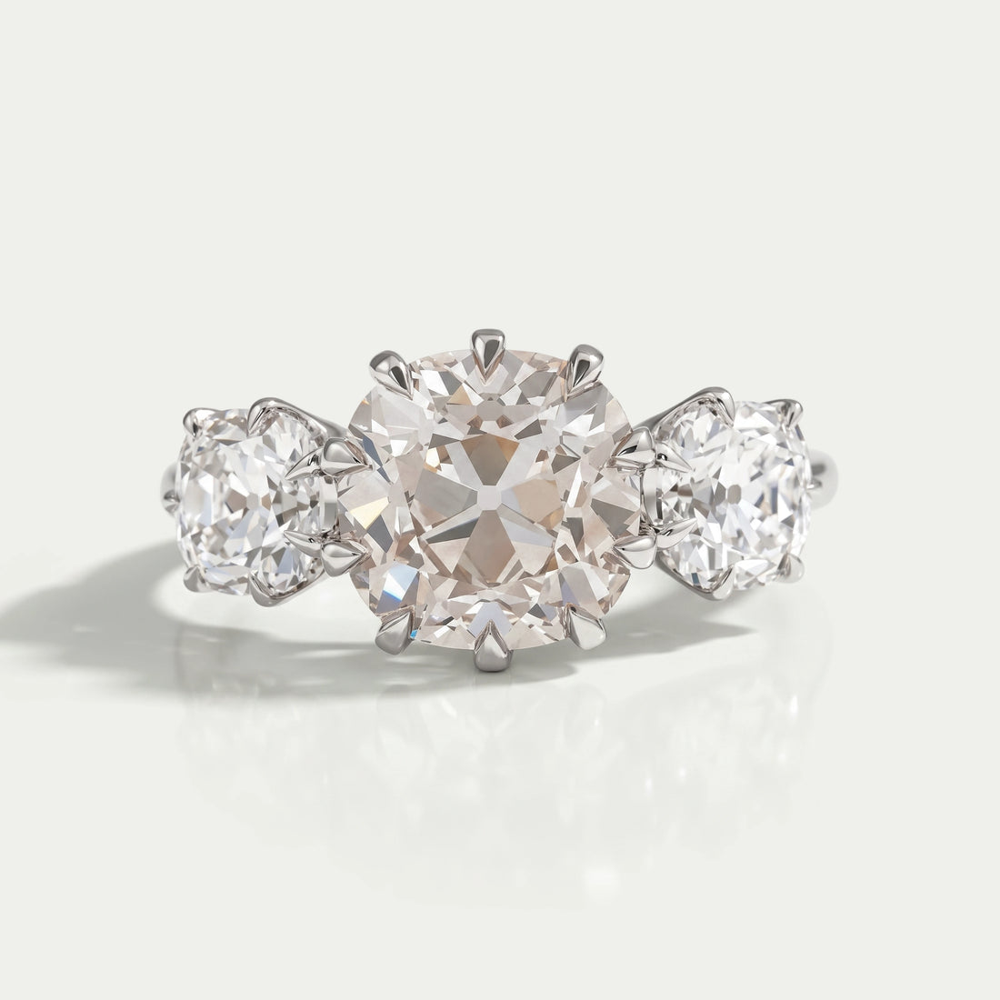 Tri Diamond Old Mine Cushion Cut Engagement Ring Rings