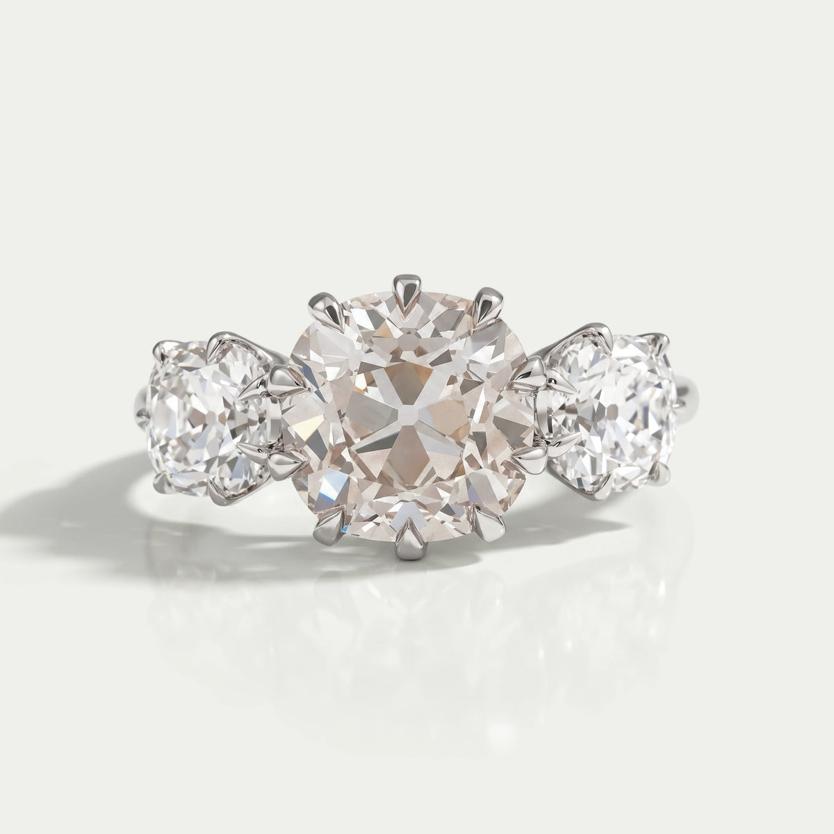 Tri Diamond Old Mine Cushion Cut Engagement Ring Rings