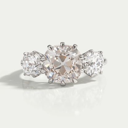 Tri Diamond Old Mine Cushion Cut Engagement Ring Rings