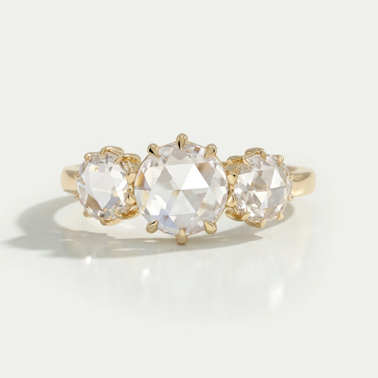 Three Stone Rose Cut Round Engagement Ring Ring