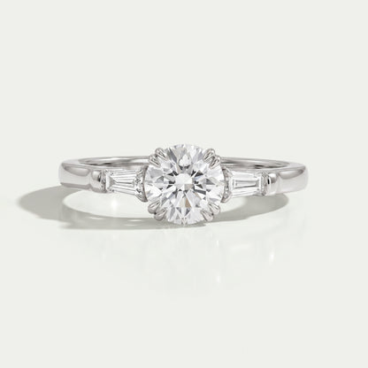 Round and Tapered Baguette Cut Three Stone Engagement Ring Ring