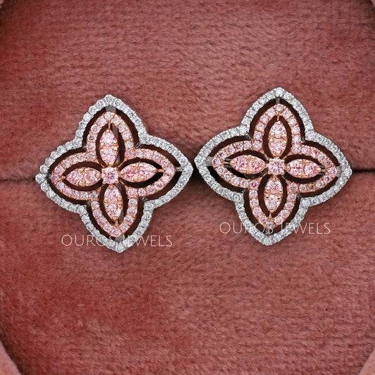 Pink Floral Round Cut Diamond Stud Earrings Earring
