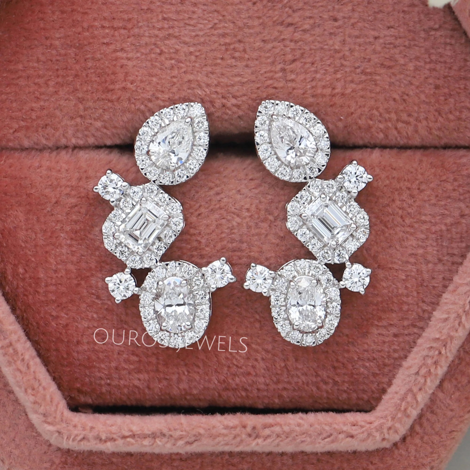 Multi Shape Halo Diamond Drop Earrings