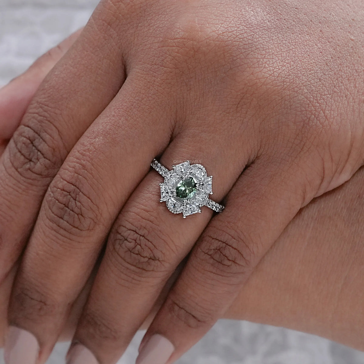 Green Oval Cut Half Moon Halo Engagement Ring Rings