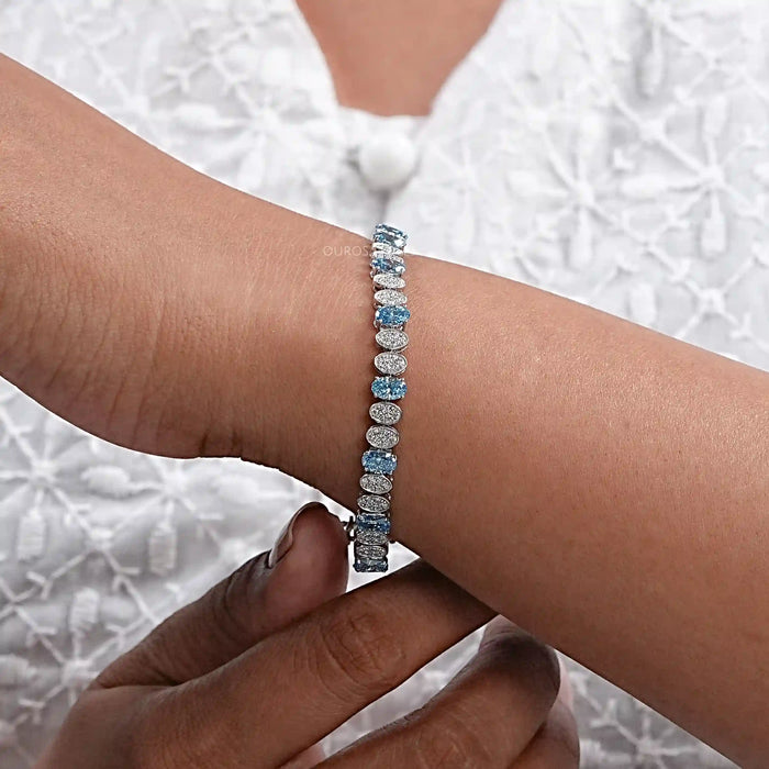 Alternating Blue Oval & Round Diamond Tennis Bracelet