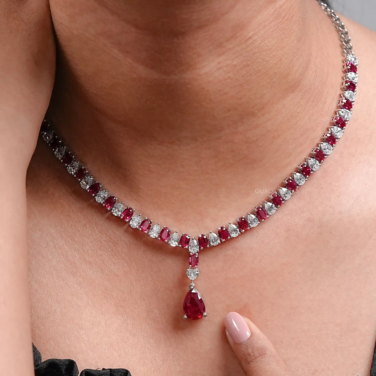 Ruby Pear And Oval Gemstone Necklace