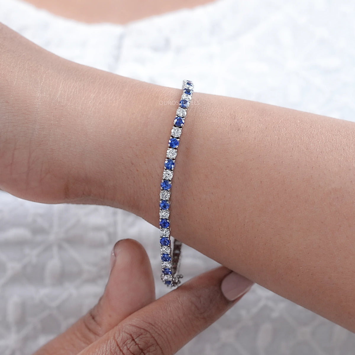 Sapphire Round Gemstone And Lab Diamond Tennis Bracelet