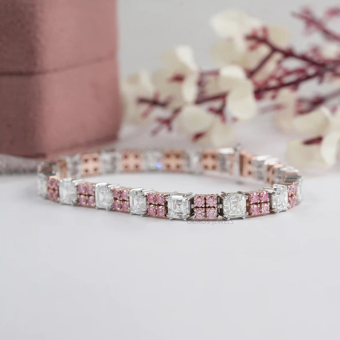 Asscher Diamond And Pink Round Tennis Bracelet