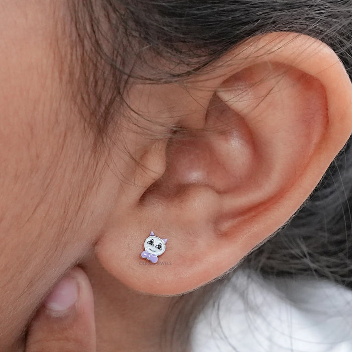 Enamel Cat Shape Black Diamond Stud Earrings
