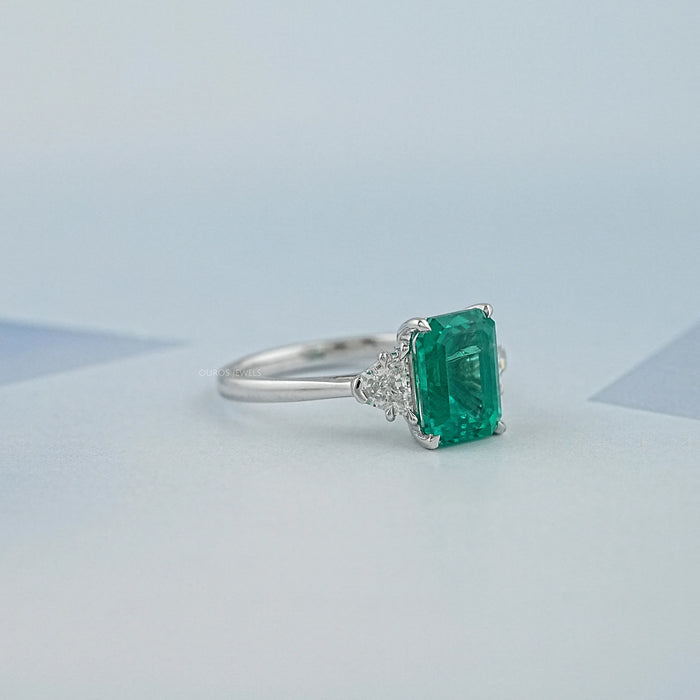 Green Emerald  With Antique Diamond Three Stone Ring