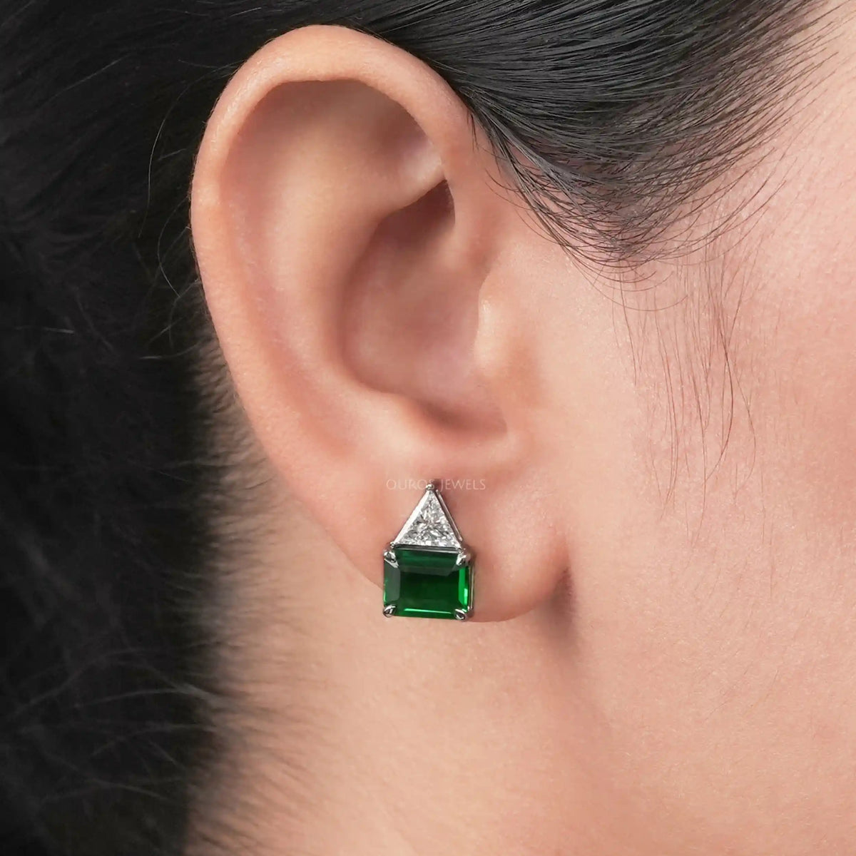 Emerald Green Gemstone and Triangle Diamond Stud Earrings Earring