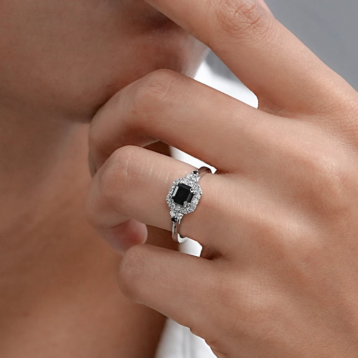 Black Asscher Cut Halo Diamond Engagement Ring