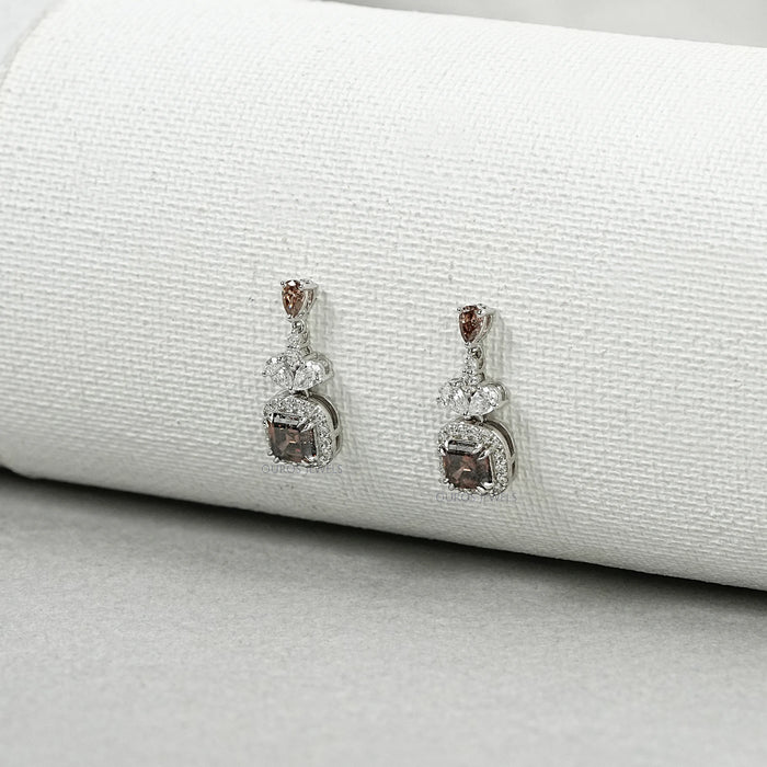 Brown Asscher Cut Halo Diamond Drop Earrings