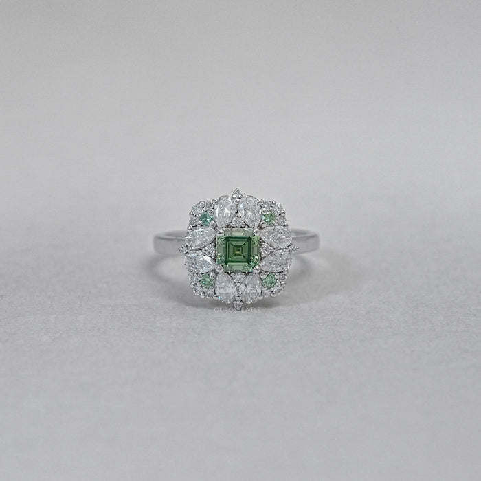 Asscher Cut Green Lab Diamond Cluster Engagement Ring