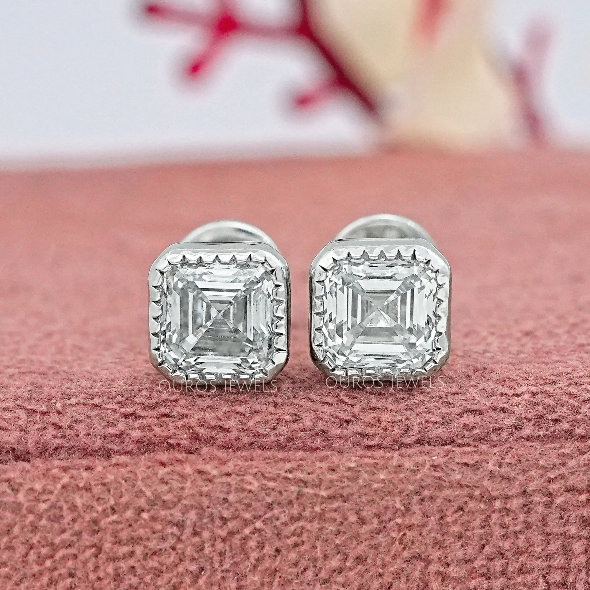 Milgrain Set Asscher Lab Diamond Stud Earrings Earrings