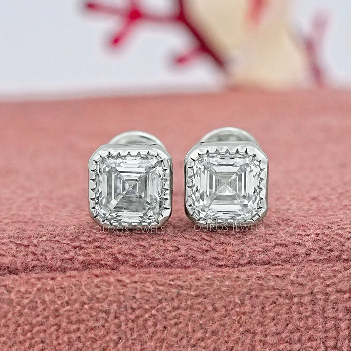 Milgrain Set Asscher Lab Diamond Stud Earrings