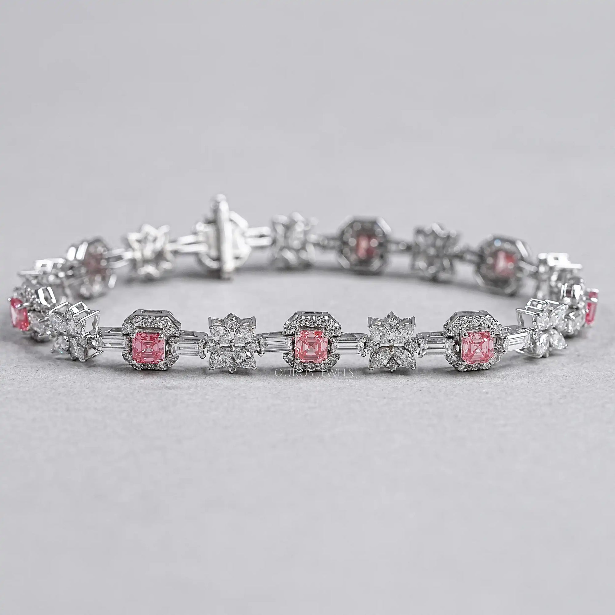 Flower And Pink Asscher Diamond Tennis Bracelet Bracelet