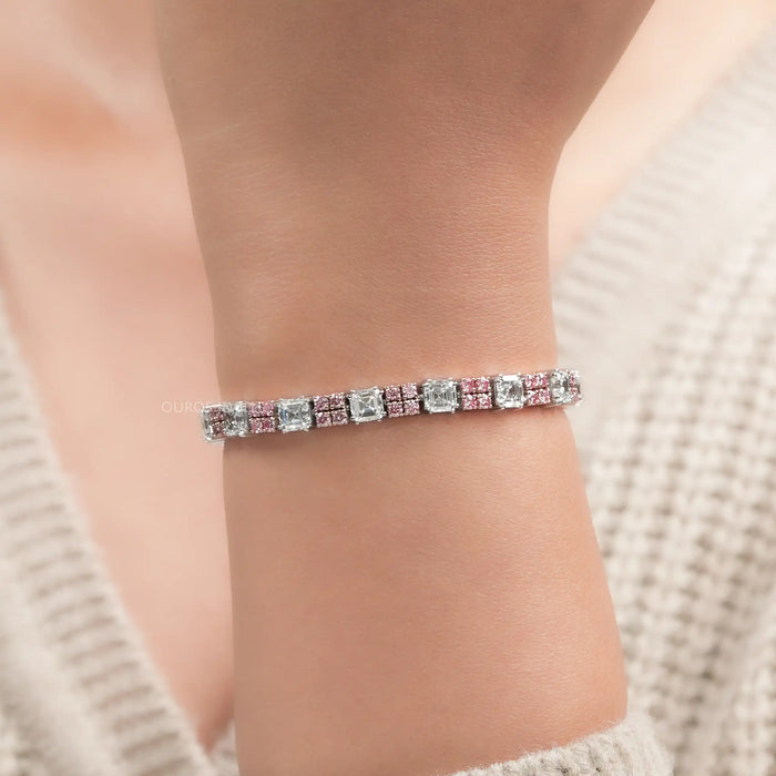 Pink Round & Asscher Cut Diamond Link Bracelet