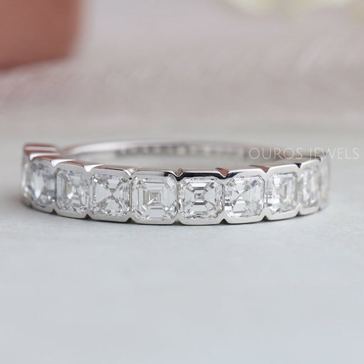 front view asscher cut lab grown diamond half bezel set eternity band white gold