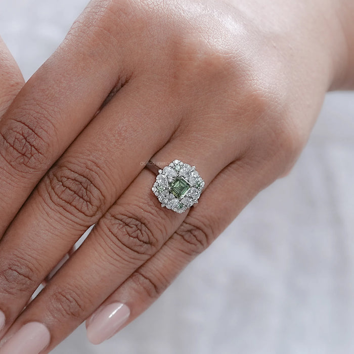Green Asscher Lab Diamond Cluster Engagement Ring