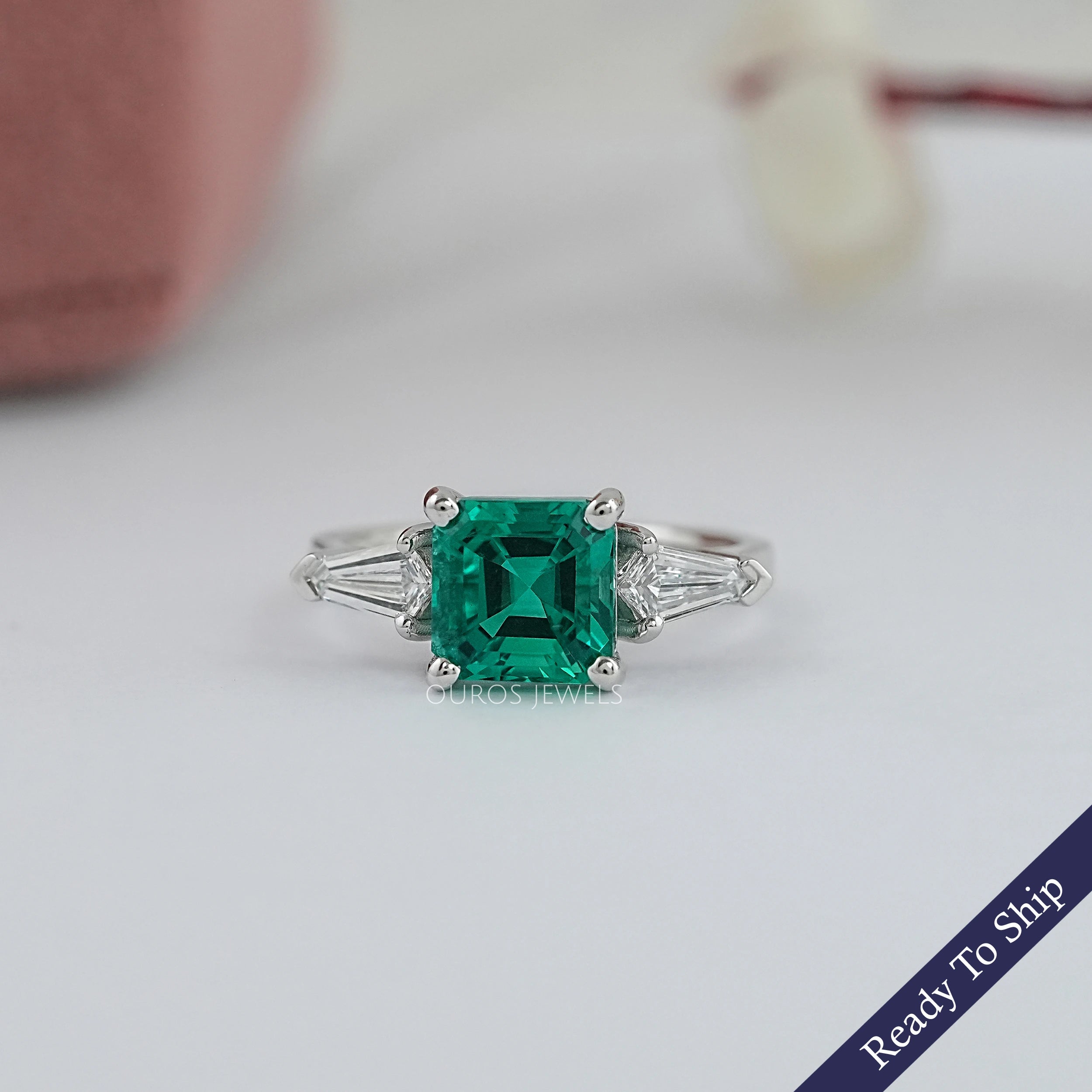 Three Stone Asscher Cut Emerald Engagement Ring