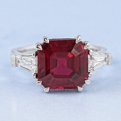 Asscher Cut Ruby Gemstone Tri Stone Ring