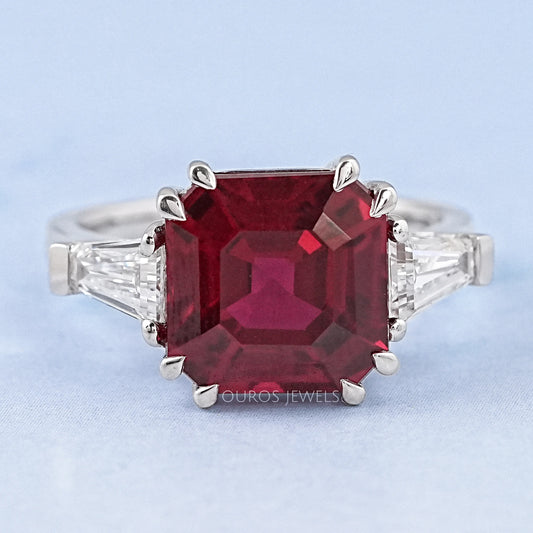 Asscher Cut Ruby Gemstone Tri Stone Ring