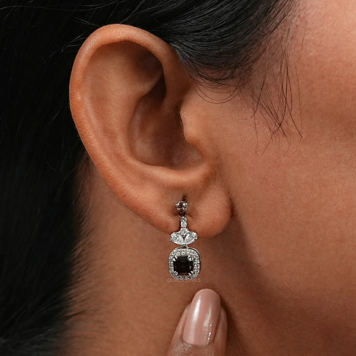 Brown Asscher Cut Halo Diamond Drop Earrings