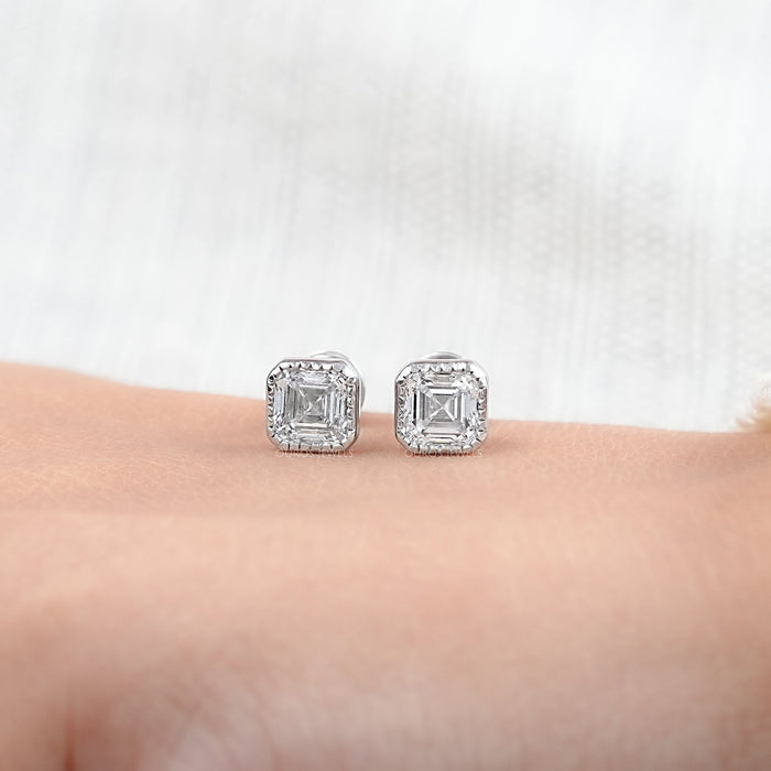 Milgrain Set Asscher Lab Diamond Stud Earrings