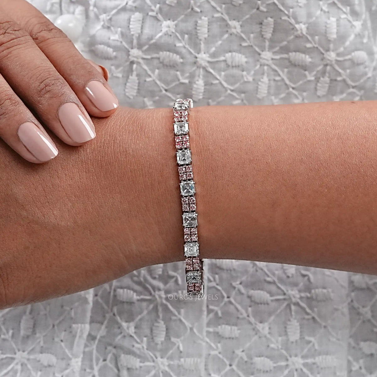 Asscher Diamond And Pink Round Tennis Bracelet Bracelet