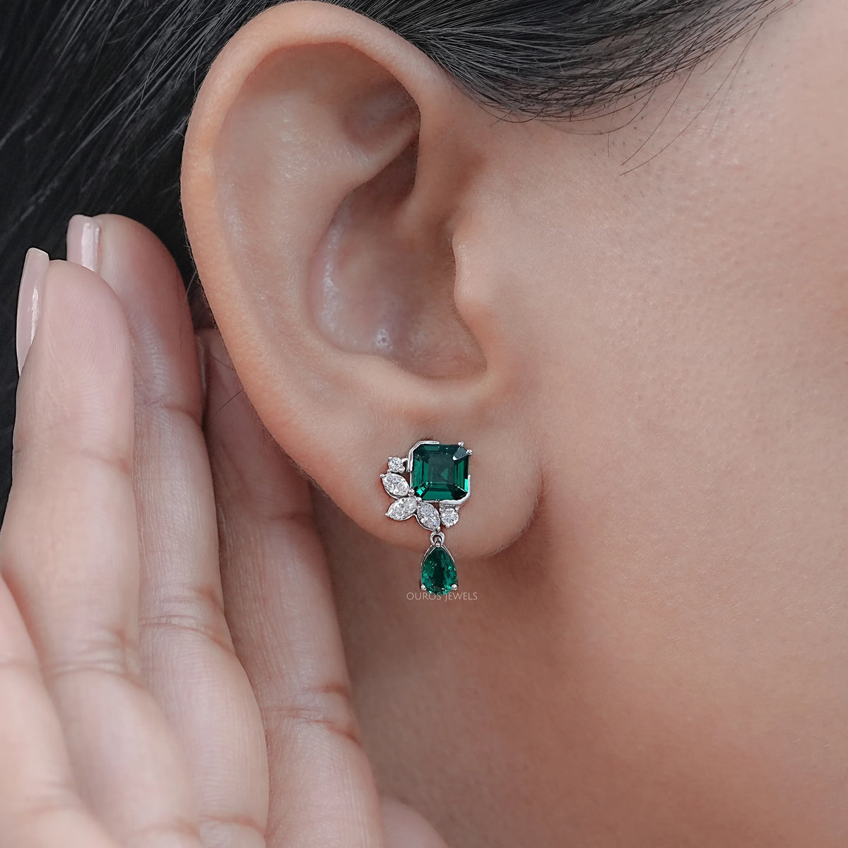 Green Asscher Gemstone And Marquise Diamond Drop Earrings
