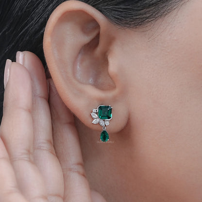 Green Asscher Gemstone And Marquise Diamond Drop Earrings