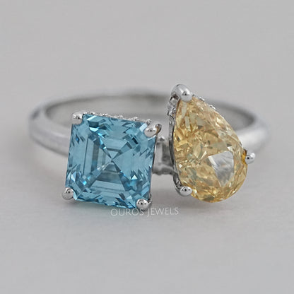 Asscher and Pear Toi Et Moi With Hidden Halo Ring Ring