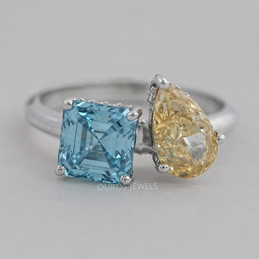 Asscher and Pear Toi Et Moi With Hidden Halo Ring Ring