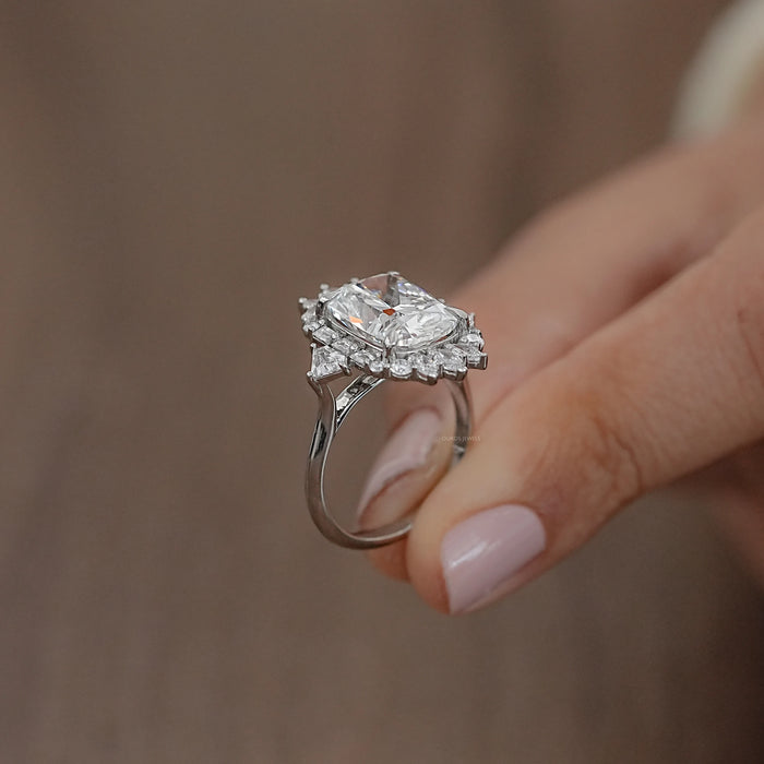 Elongated Cushion Halo Diamond With Baguette & Round Engagement Ring