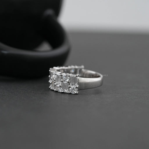 side view of baguette and round brilliant cut lab diamond unisex couples ring