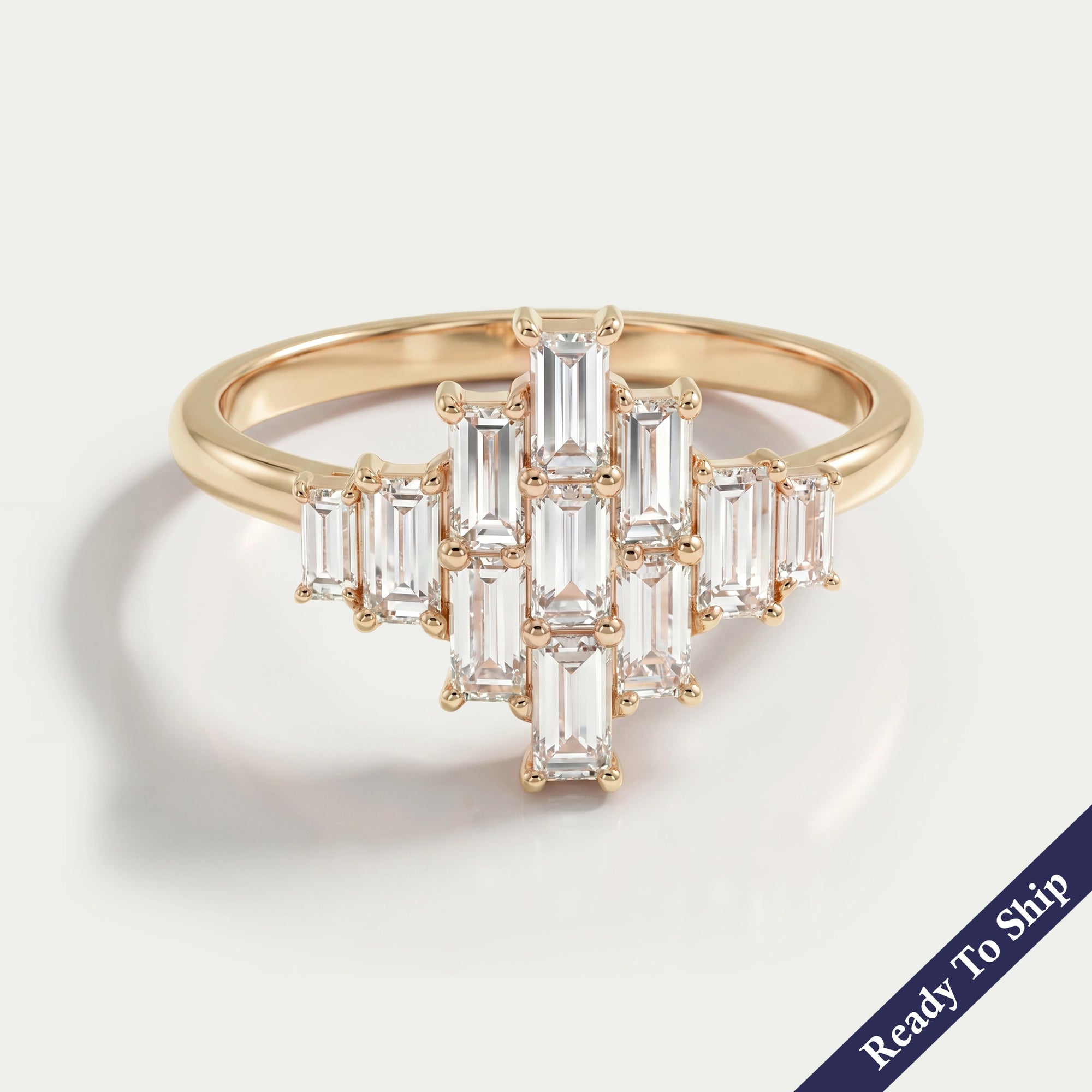 Yellow Gold Baguette Cut Cluster Diamond Engagement Ring