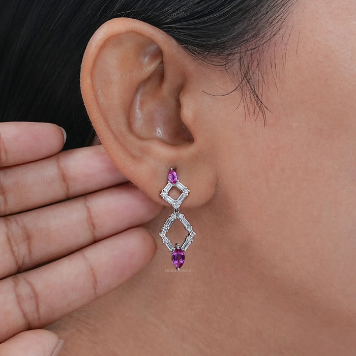 Pink Gemstone And Diamond Drop Dangle Earrings