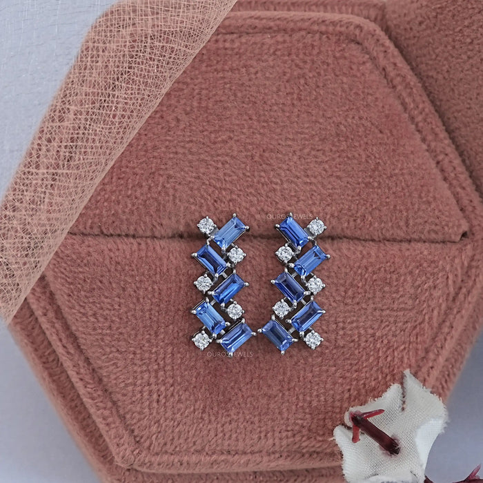 Sapphire Baguette And Round Diamond Drop Earrings