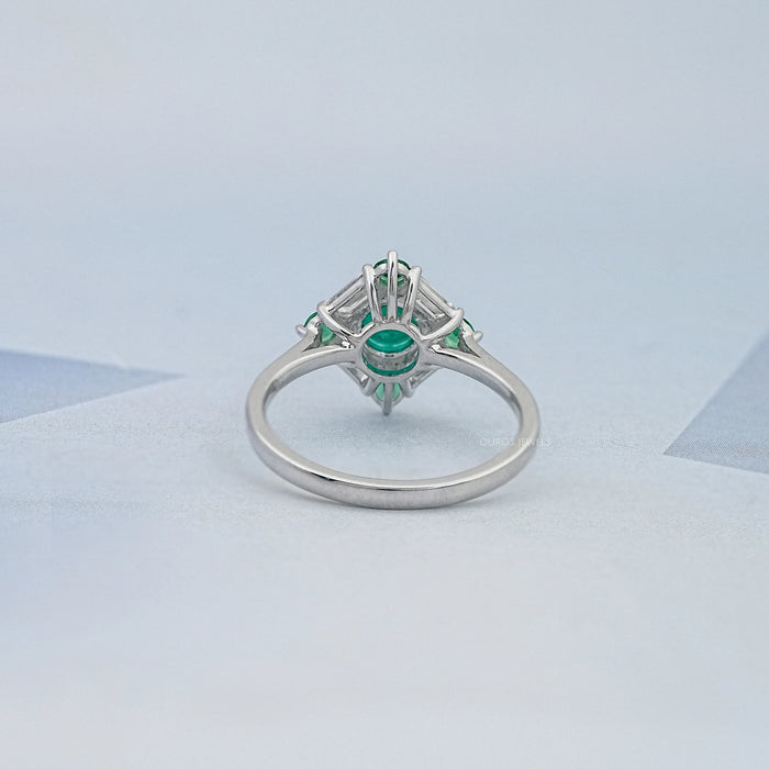 Green Round And Baguette Diamond Halo Engagement Ring