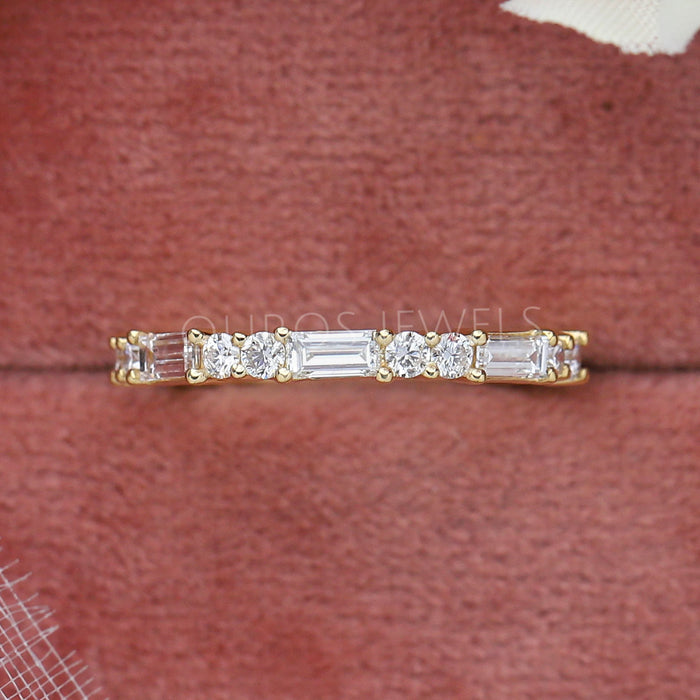 front view of baguette and round lab diamond half eternity band ring yellow gold
