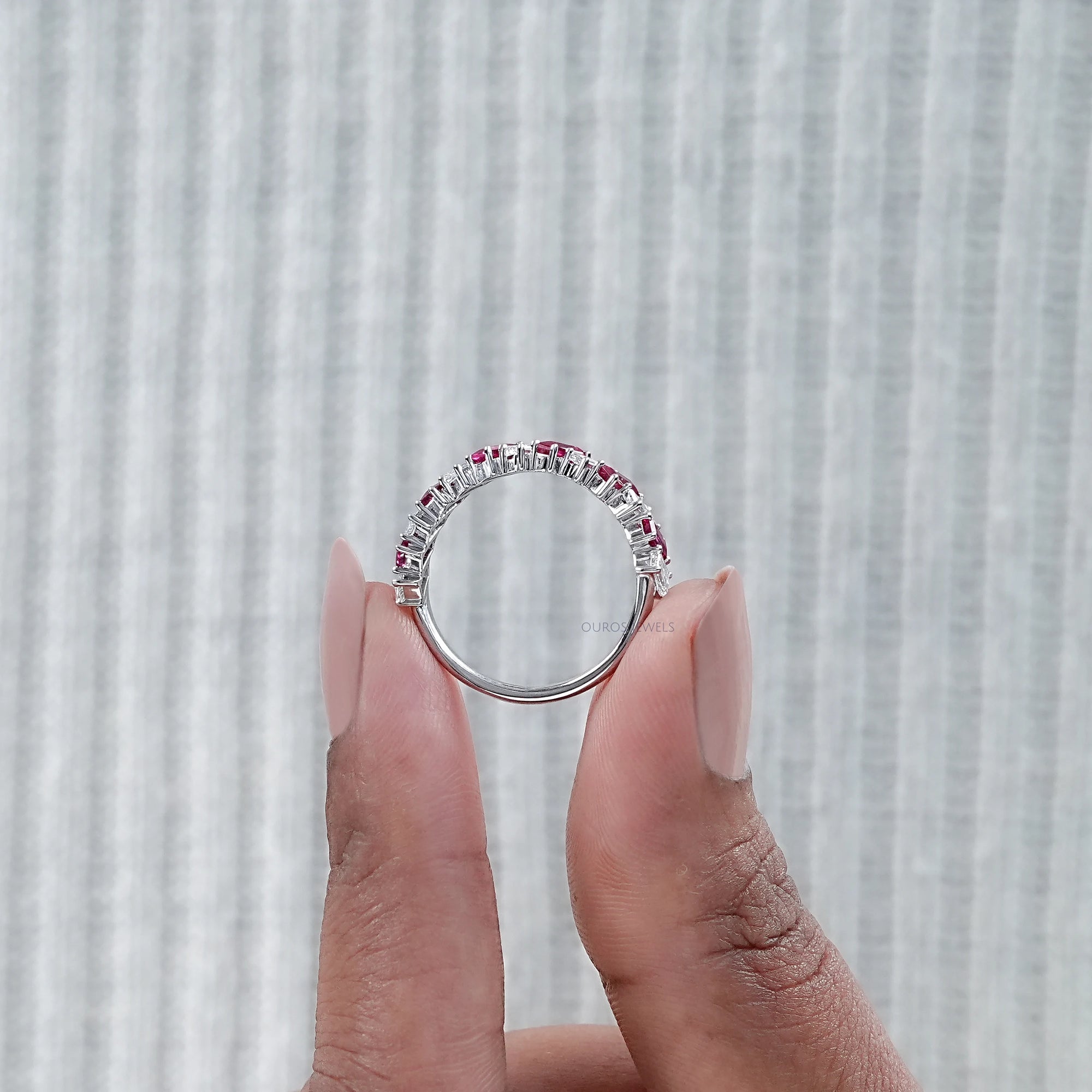 Ruby Baguette Gemstone Half Eternity Wedding Band Rings