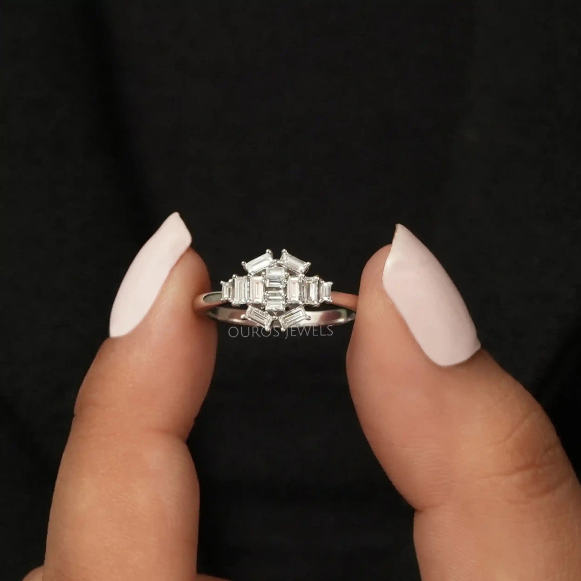 Baguette Cut Lab Cluster Diamond Dainty Ring