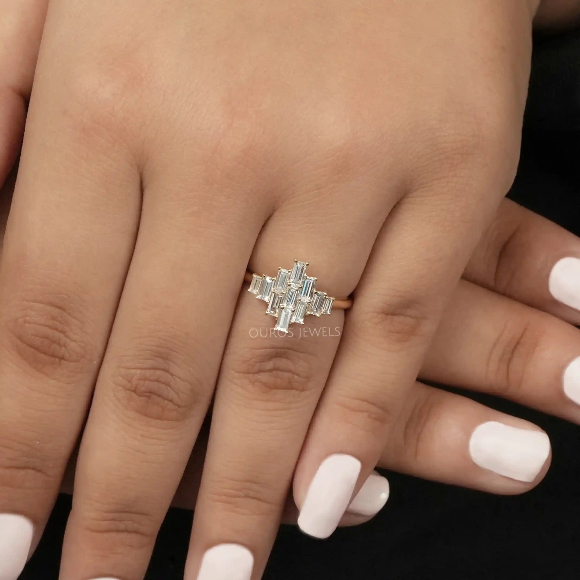 Yellow Gold Baguette Cut Cluster Diamond Engagement Ring