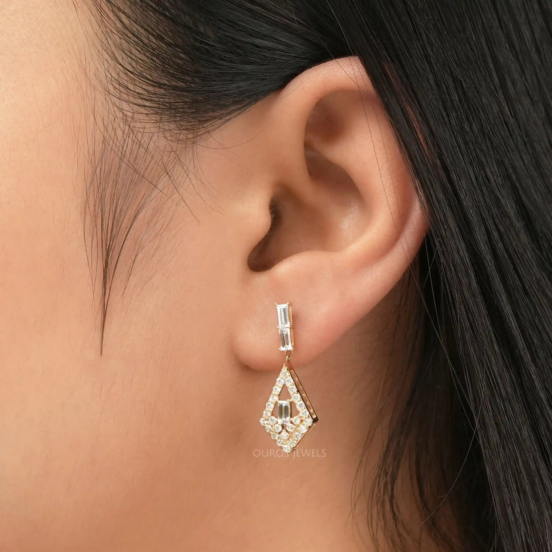 Baguette Cut & Round Halo Lab Grown Diamond Drop Earrings