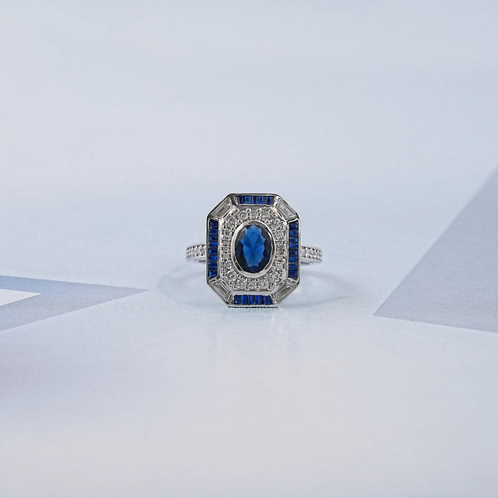 Blue Oval And Baguette Cut GemStone Engagement Ring